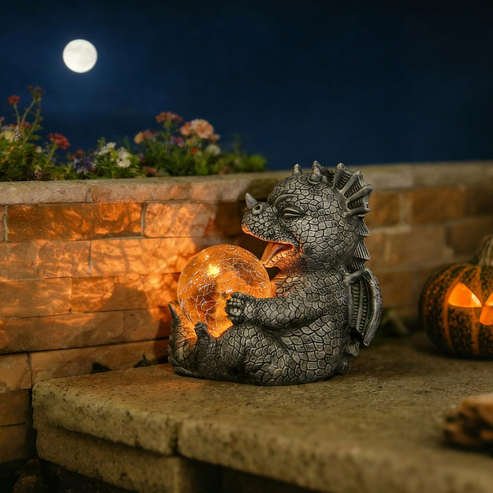 PORFOYO Drachen Figuren Gartendeko Für Draussen, Gartendrachen Figuren Deko Rundes Licht, Garten Dek