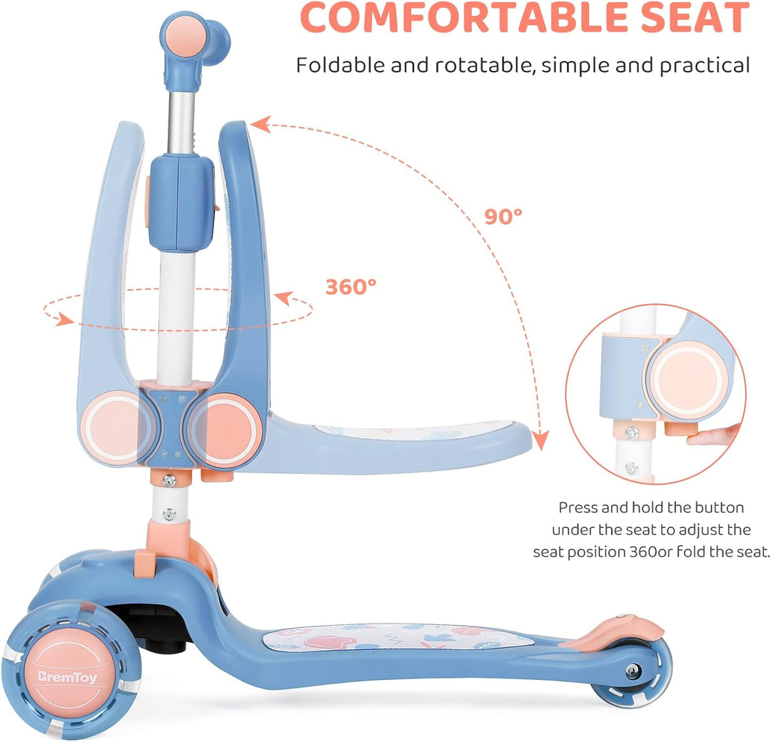 BremToy Kinderroller mit Sitz, Tretroller mit LED Rädern, Kinder Scooter mit Höhenverstellbarem Lenk