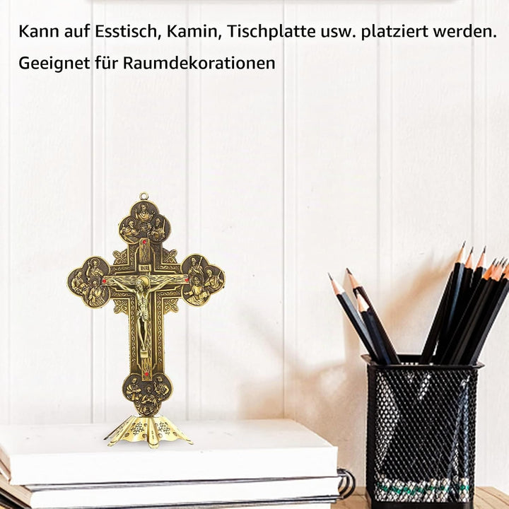 Stehendes Kruzifix, Fürbitte, Wand- und Tischkreuz, Kruzifix mit Eingelegtem Rotem Vintage-Metallmat