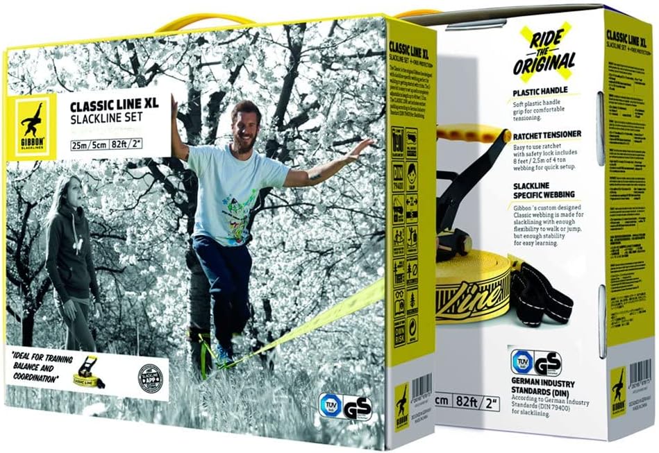 Gibbon Slacklines Classic Original Komplett-Set | 25m | TÜV Geprüft | Balance und Spass mit Trampoli