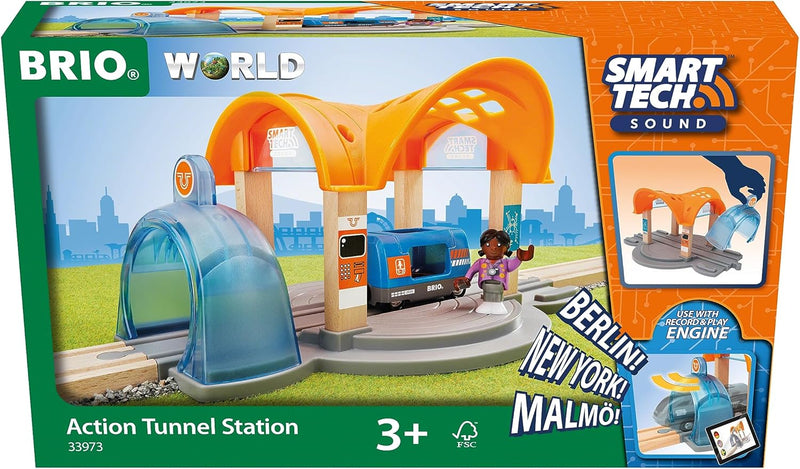 BRIO World 33973 Smart Tech Sound Bahnhof mit Action Tunnel Zubehör für die BRIO Holzeisenbahn Inter