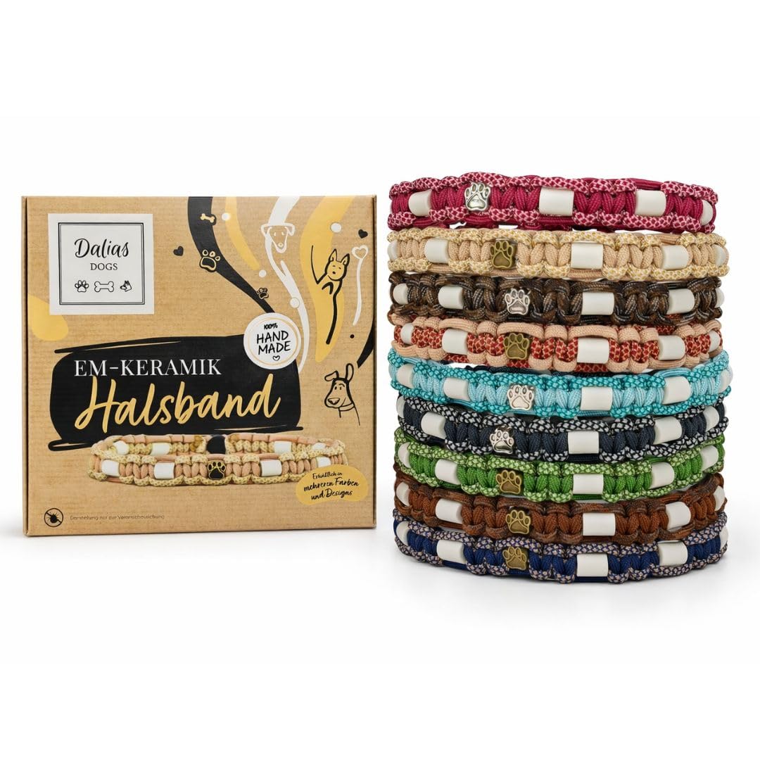 EM Keramik Hunde-Halsband aus US-Paracord – handgeknüpft, verstellbar mit Kordelstopper – Grössen 15