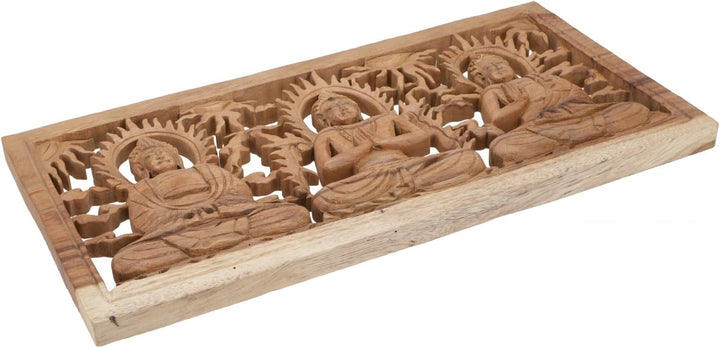 GURU SHOP Geschnitztes Wandbild Deko Wandrelief - 3 Buddhas, Braun, 26x50x1,5 cm, Masken & Wandschmu
