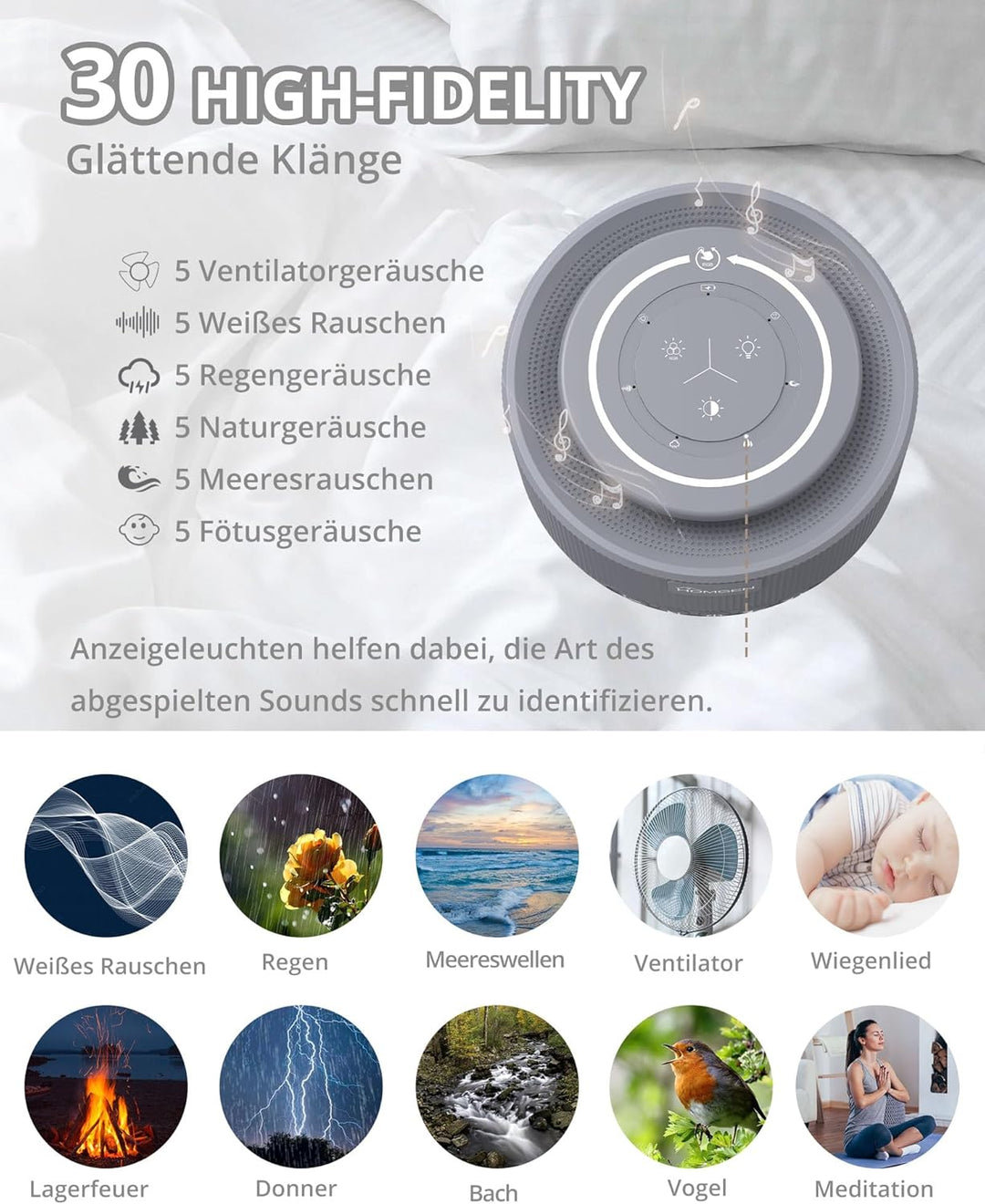 HOMGEN White Noise Machine Weisses Rauschen Maschine Einschlafhilfe Baby Erwachsene 30 Klänge & 30 S