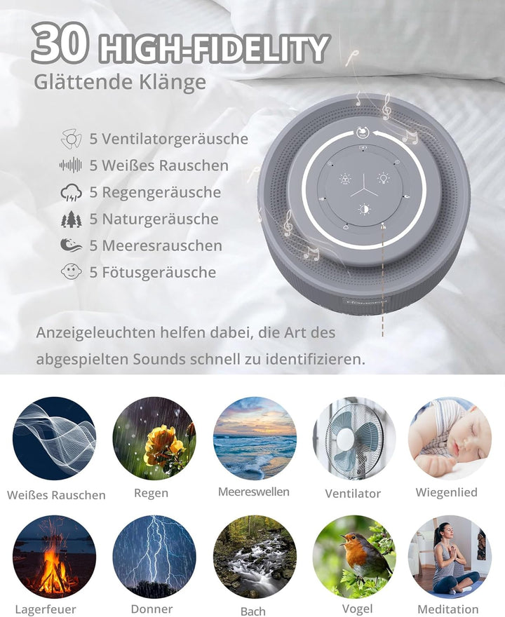 HOMGEN White Noise Machine Weisses Rauschen Maschine Einschlafhilfe Baby Erwachsene 30 Klänge & 30 S