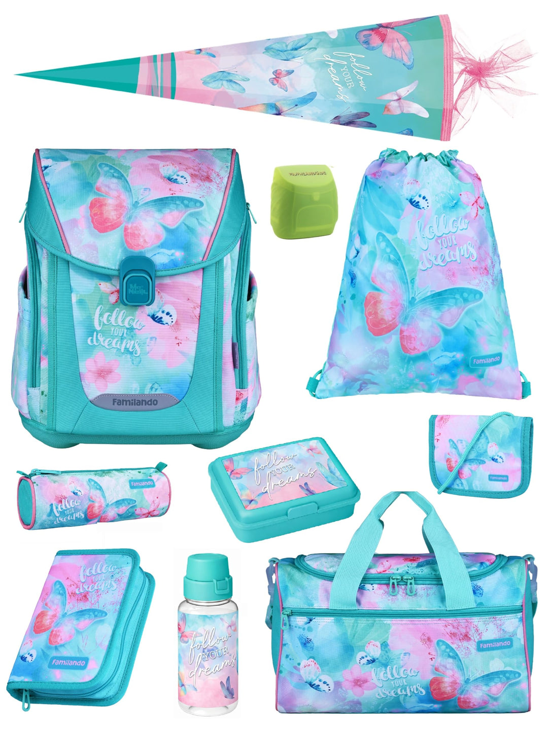 Familando - Premium Schulranzen Set - 10-teilig mit Schultüte - Butterfly (Schmetterlinge) - Ergonom