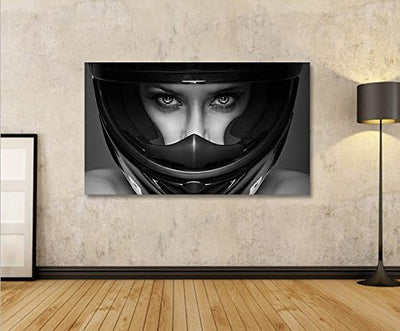 islandburner Bild Bilder auf Leinwand Frau mit Motorrad Helm 1p XXL Poster Leinwandbild Wandbild Dek