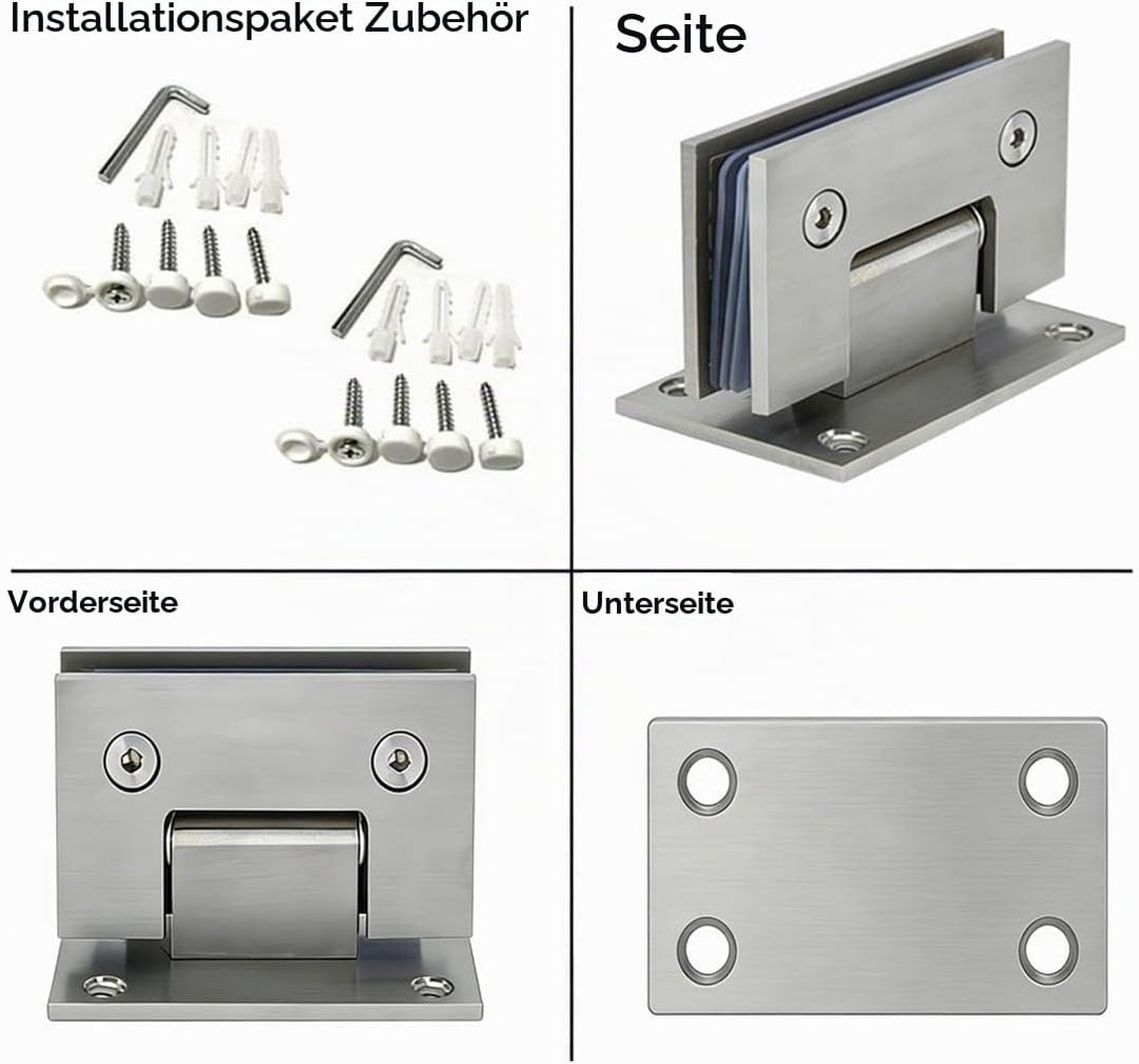 Zwei 90° öffnende Glasclips, 8-12mm, Edelstahl, Wandmontage, rahmenlos, Glasmontage, Duschtürscharni