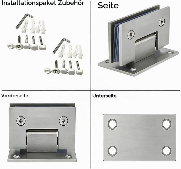 Zwei 90° öffnende Glasclips, 8-12mm, Edelstahl, Wandmontage, rahmenlos, Glasmontage, Duschtürscharni