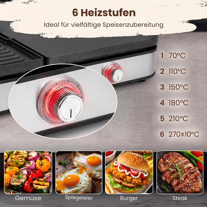 LIFEZEAL Elektrogrill, Tischgrill elektrisch 2000 W, Elektrischer Plattengrill Indoor mit 2 wendbare