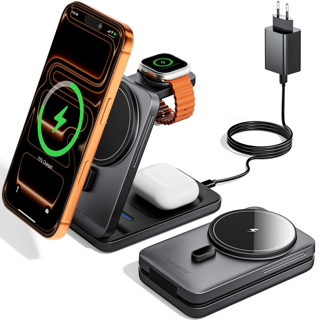 KPON Magsafe Ladestation für Apple Watch und iPhone, 3 in 1 Faltbares Magsafe Ladegerät Schnellladun