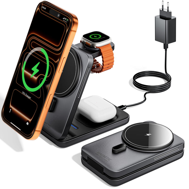KPON Magsafe Ladestation für Apple Watch und iPhone, 3 in 1 Faltbares Magsafe Ladegerät Schnellladun