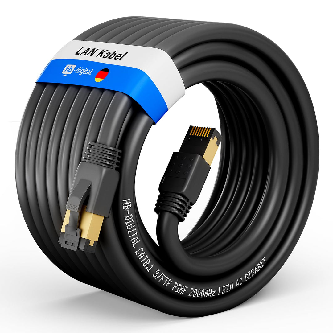 HB-DIGITAL 20m CAT 8.1 Netzwerkkabel S/FTP LSZH Schwarz 40 Gbits | LAN Patchkabel Gigabit RJ45 Steck