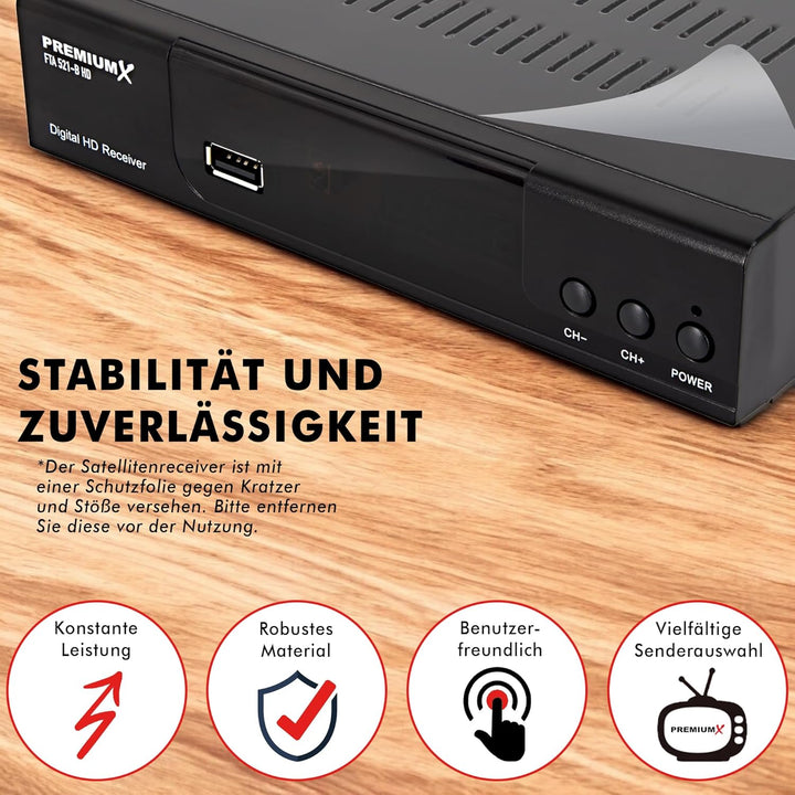 PremiumX Satelliten-Receiver HD 521 FTA Digital SAT TV-Receiver DVB-S2 FullHD HDMI SCART 2X USB Mult