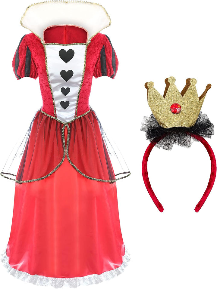 Damen Kostüm Königin der Herzen – X-Large – langes rotes &amp; schwarzes Kleid mit Herzen Dekoration – D