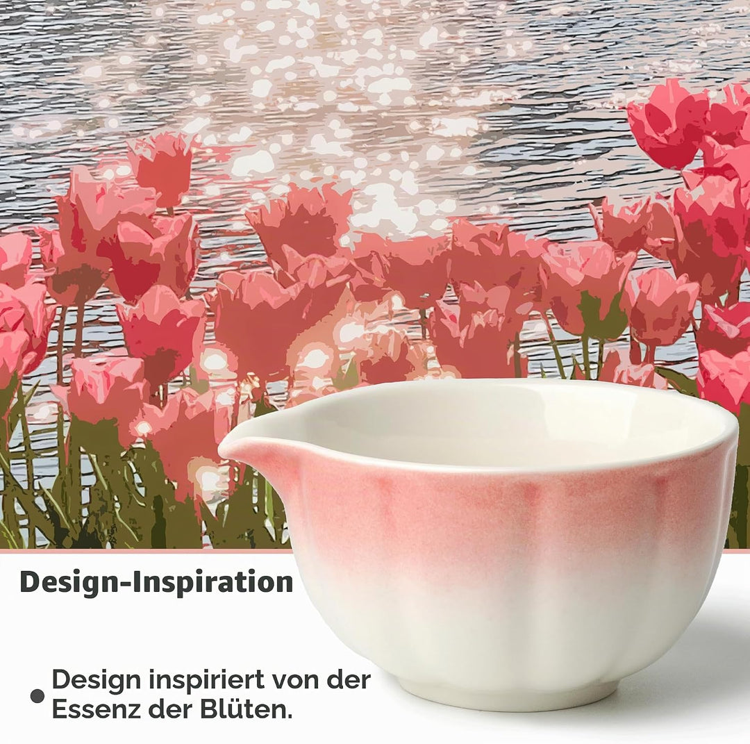 Premium Matcha Set 7-teilig – Exklusives Teezeremonie-Set mit Bambus-Chasen (Besen),Rosa Keramik-Sch