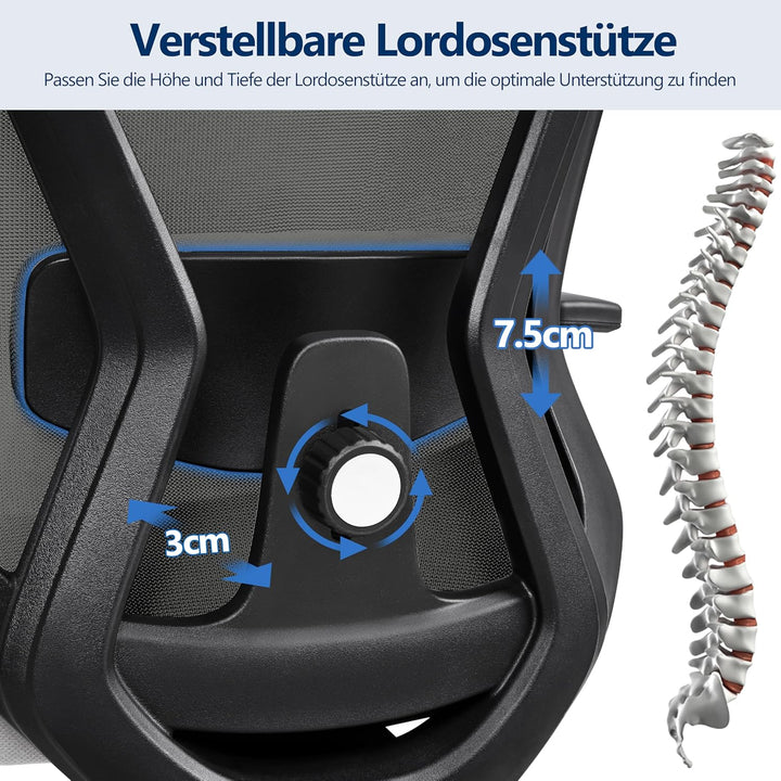 Yaheetech Bürostuhl Ergonomisch, Schreibtischstuhl mit Verstellbarer Kopfstütze, Armlehnen, Lendenwi