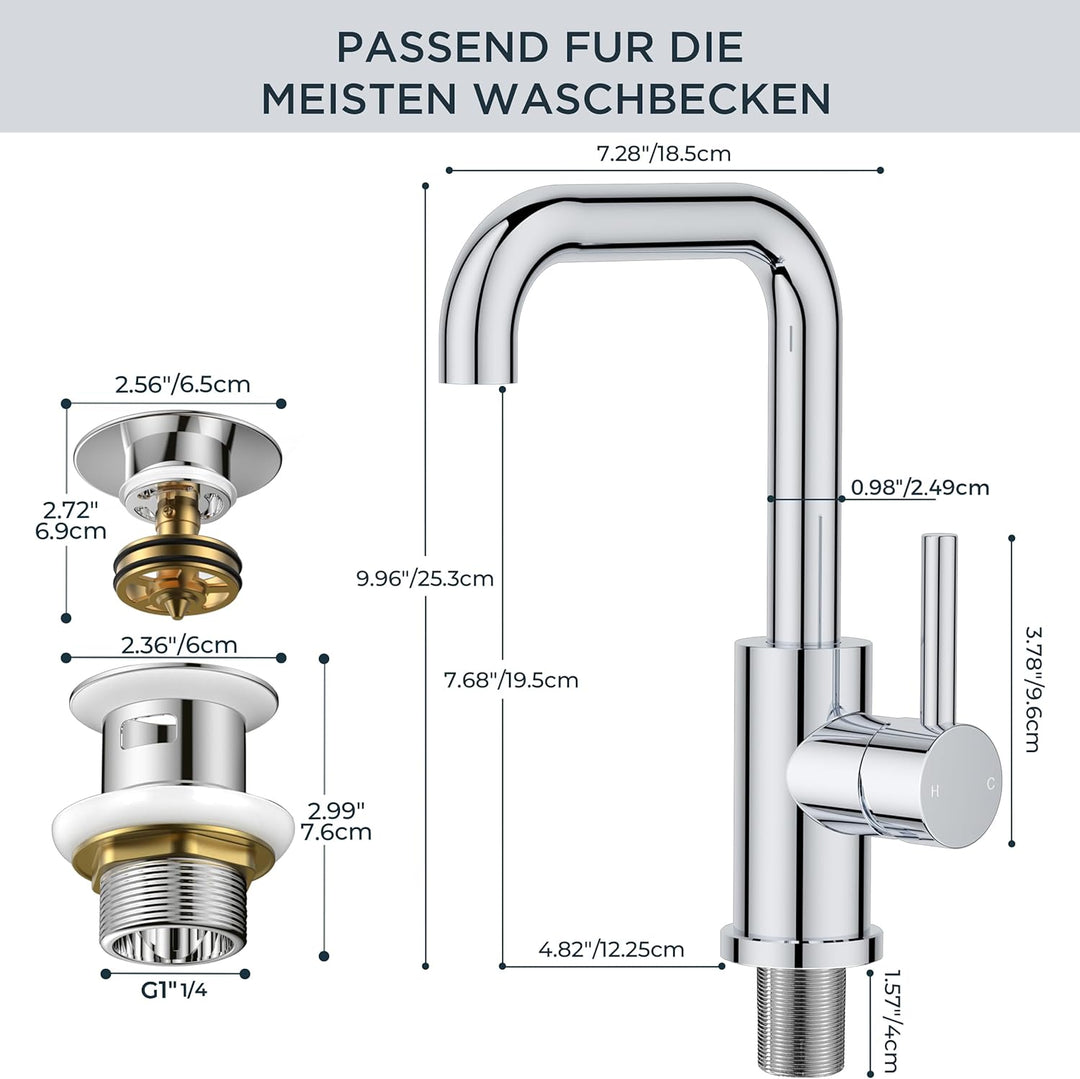 FORIOUS Wasserhahn Bad Hoch mit Ablaufgarnitur，360° Drehbar Edelstahl Waschtischarmatur Hoch mit War