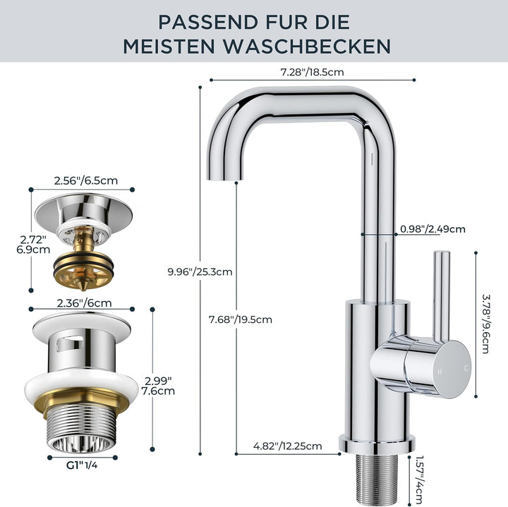FORIOUS Wasserhahn Bad Hoch mit Ablaufgarnitur，360° Drehbar Edelstahl Waschtischarmatur Hoch mit War