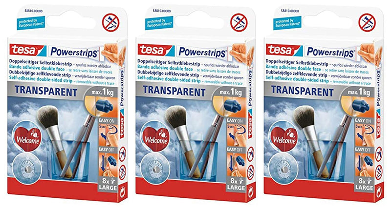 tesa Powerstrips Strips TRANSPARENT, für max. 1kg, Packung mit 8 Strips (transparent, 3 Packungen) t