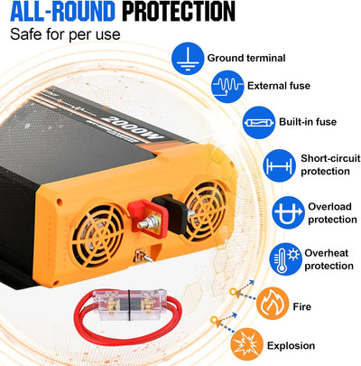 ECO-WORTHY Wechselrichter 12v auf 230v Reiner Sinus, Wechselrichter 2000w eingebautem Dual 18W USB-A