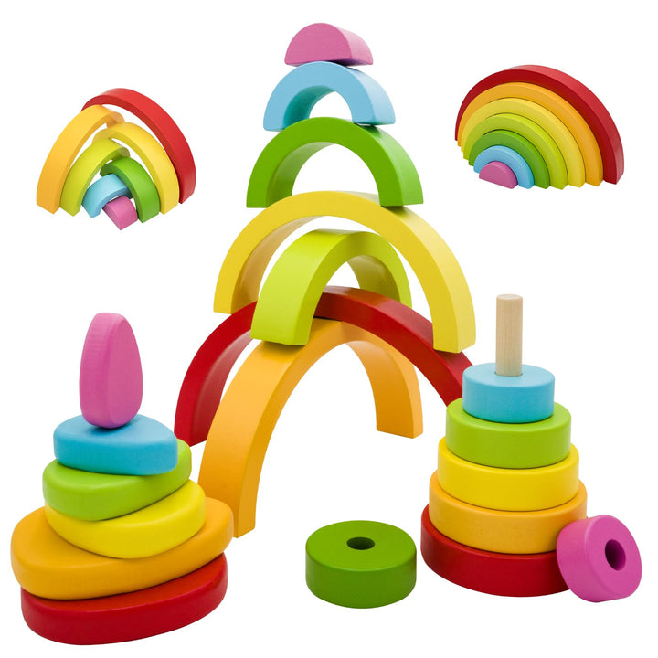 RunHero 3-in-1 Montessori Stapelspielzeug Holzbausteine Regenbogen Motorikspielzeug Grimms Bauklötze