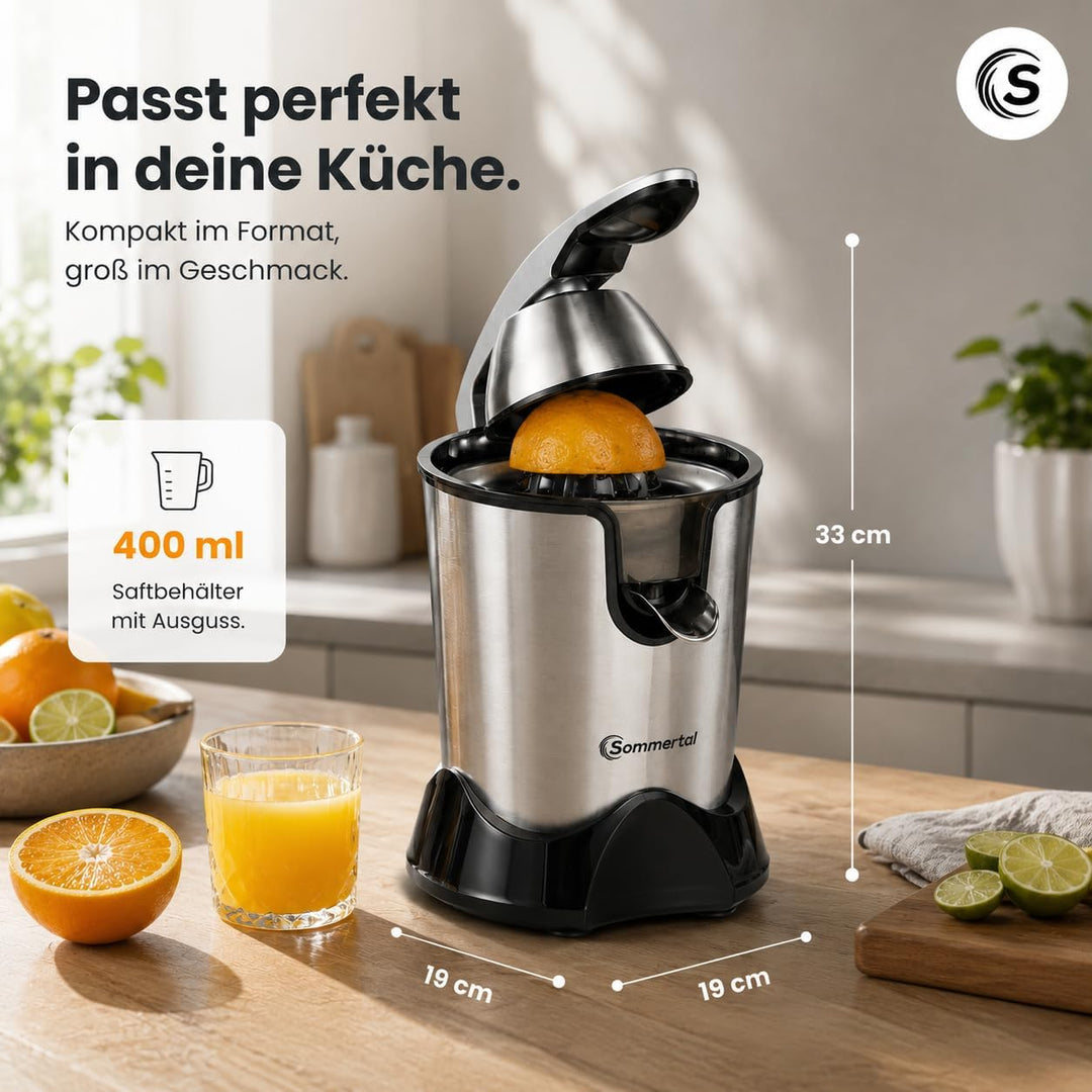 Sommertal Saftpresse CP850 mit starkem 850W Motor, elektrische Orangenpresse inkl. 2 Presskegel, man