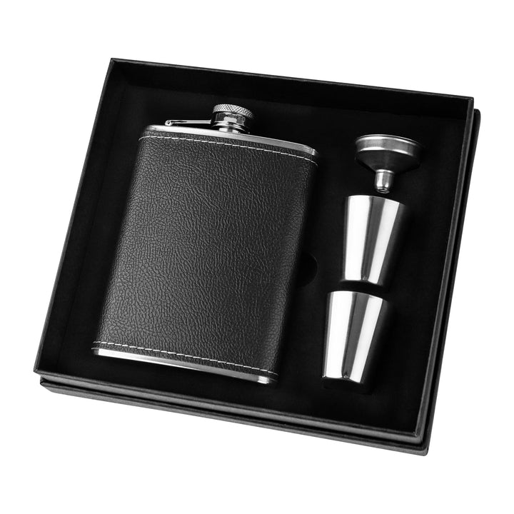 FRUHLING Edelstahl Flachmann Geschenkset 8oz/240ml Flachmann Leder Schwarz mit Trichter und 2 Becher