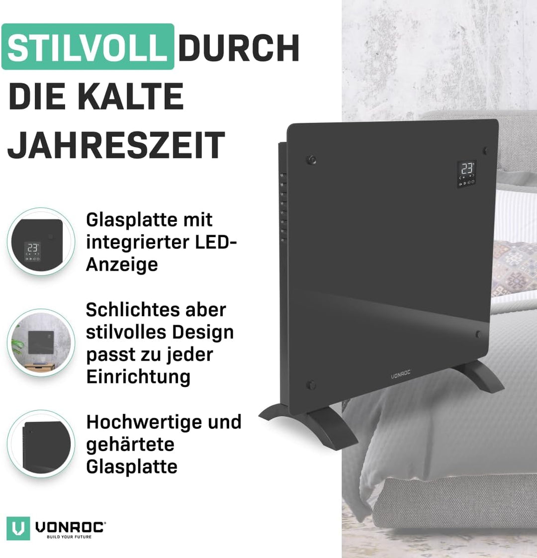 VONROC Elektroheizung, Konvektor-Heizung - Energiesparende elektrische Heizung bis 12m2 - Wand-/Bode