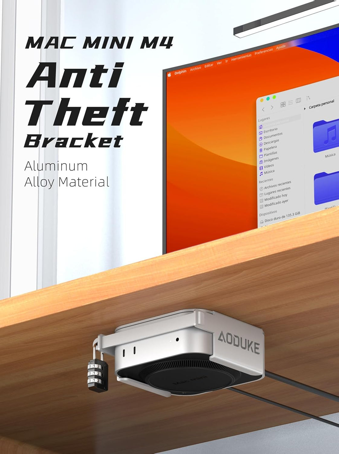 Aluminum Alloy 2024 Mac Mini M4 with Combination Lock Security Bracket, Compatible with VESA Hole Mo