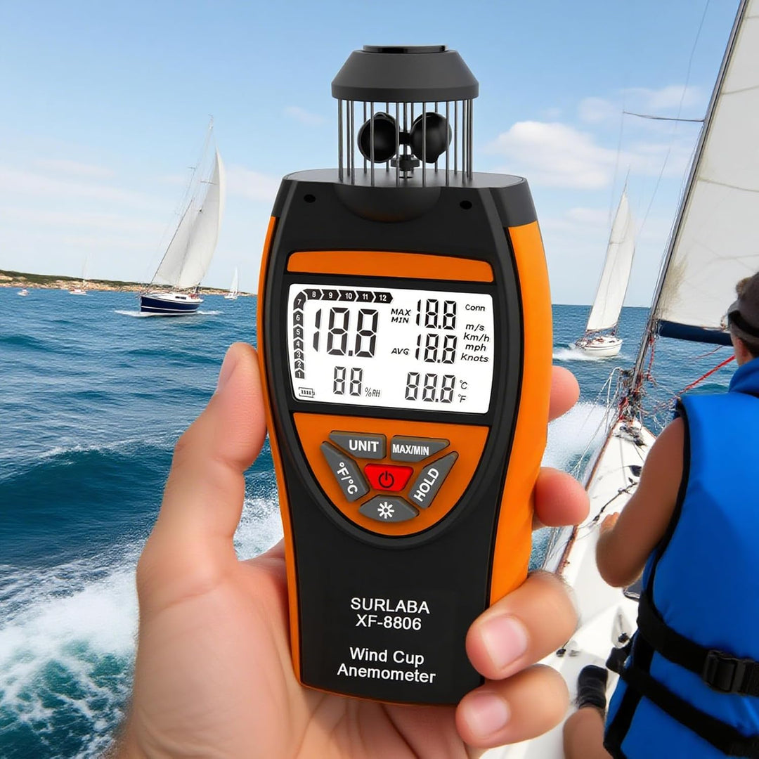 SURLABA Digital Cup Windmesser, Anemometer XF-8806 ±4% Hoher Genauigkeit Wind Gauge Misst MAX/MIN/AV