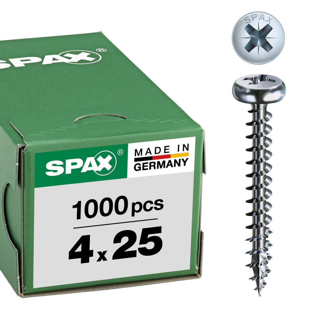 SPAX Universalschraube, 4,0 x 25 mm, 1000 Stück, Kreuzschlitz Z2, Halbrundkopf, Vollgewinde, 4CUT, W