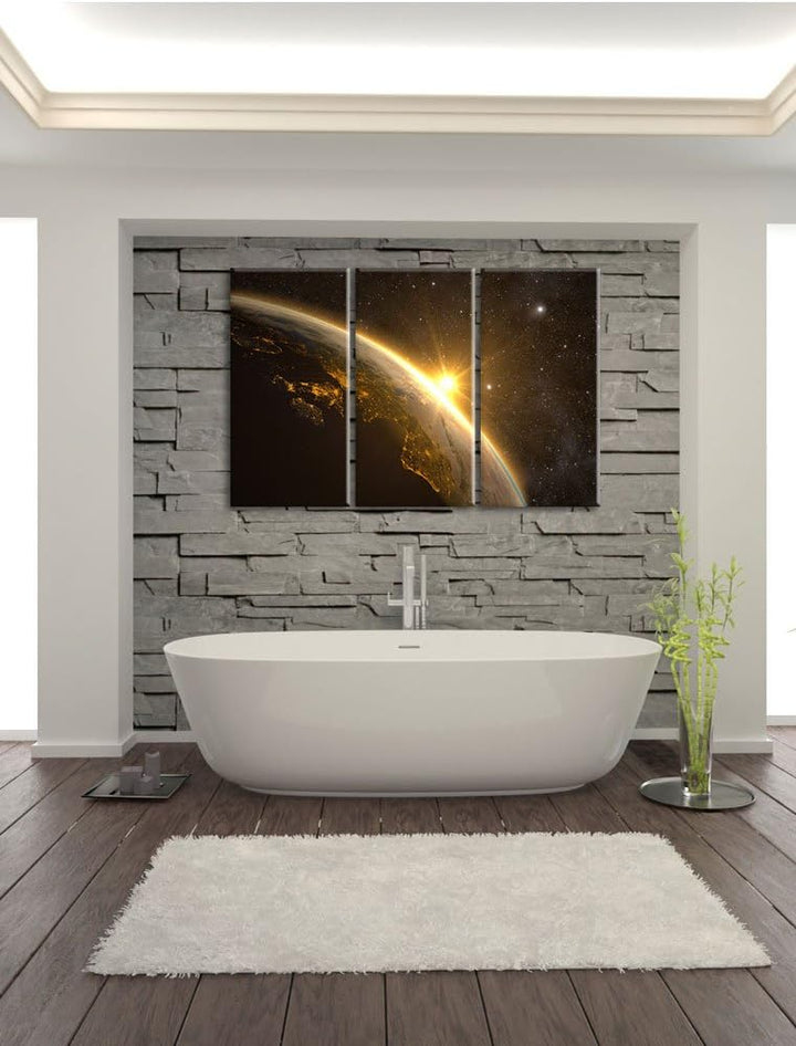 Pixxprint Die Sonne und Erde im Weltall / 3-Teilig/Gesamtmass 120cm Leinwandbild bespannt auf Holzra