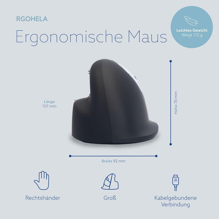 R-Go HE Ergonomische Maus, Für grosse Hand, Mit Break-Software, Stilles Klicken, (USB C Kabelkabelge