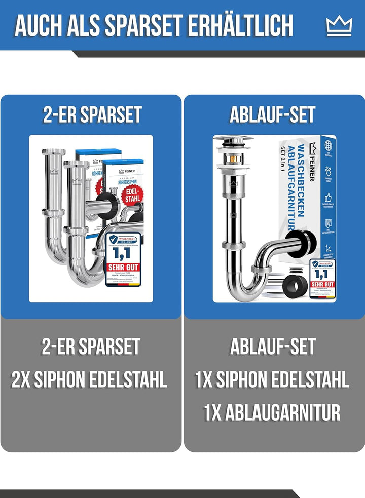 FEINER® - Premium Universal Siphon für Waschbecken Edelstahl, Abflussrohr Tauchrohr 2-12cm höhenvers
