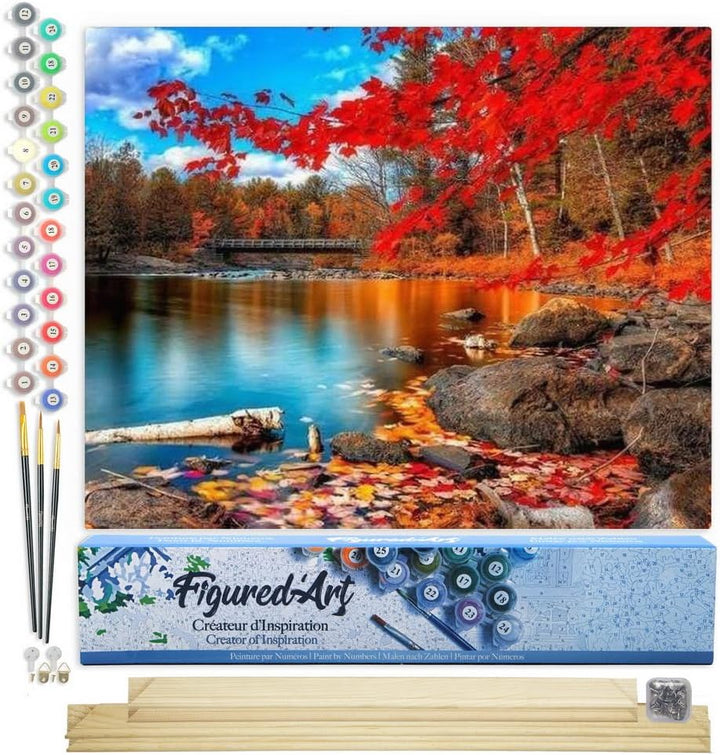 Figured'Art Malen Nach Zahlen Erwachsene Mit Rahmen Fluss und Wald im Herbst - Paint by Numbers Bast