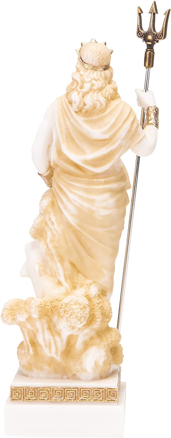 Poseidon Griechischer Gott des Meeres mit Dreizack Statue Figur Gold Alabaster 17,8 cm
