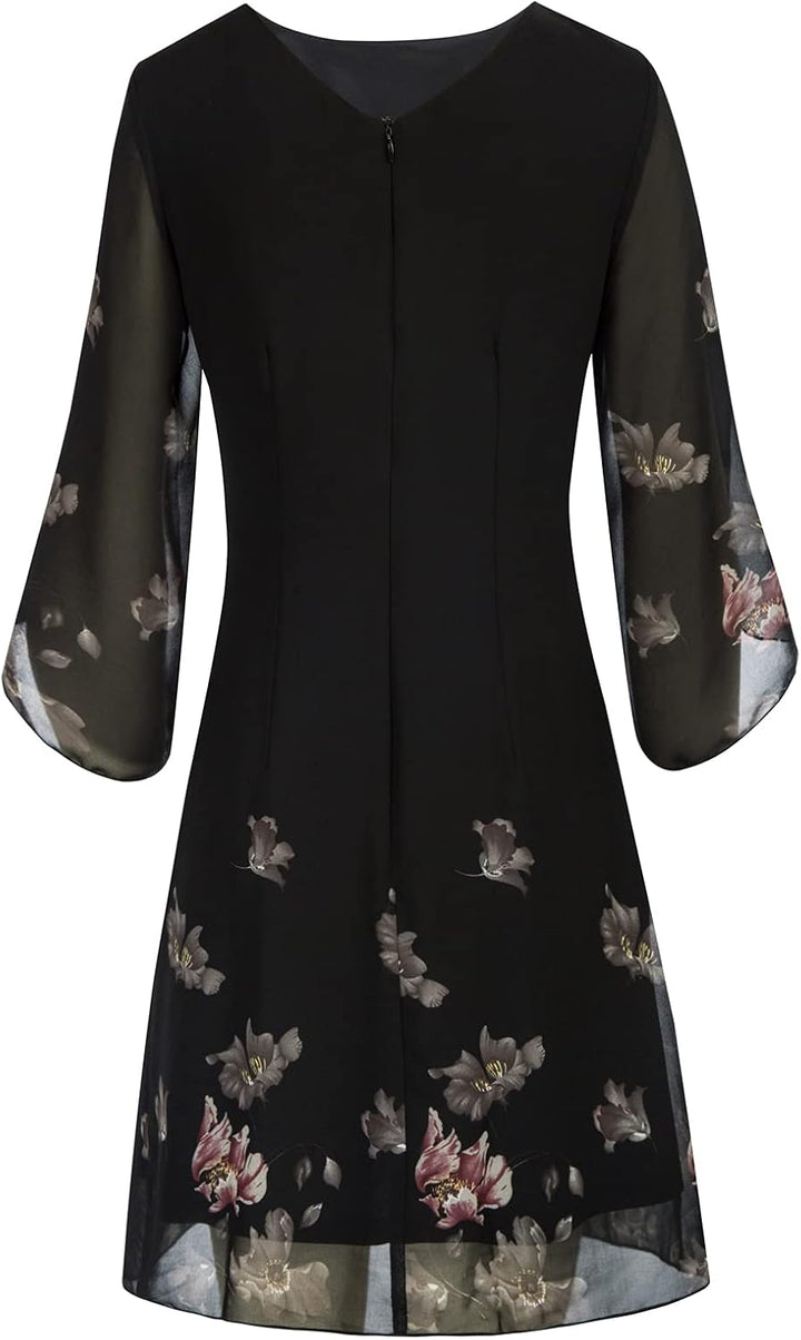 GRACE KARIN Damen Kleid Elegant Chiffon Kleid 3/4 Ärmel Loose Abend Cocktailkleid S Schwarz-rosa, S
