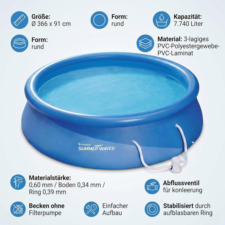 Summer Waves Fast Set Quick Up Pool 366x91cm Swimming Pool Familien Schwimmbad mit Filterpumpe