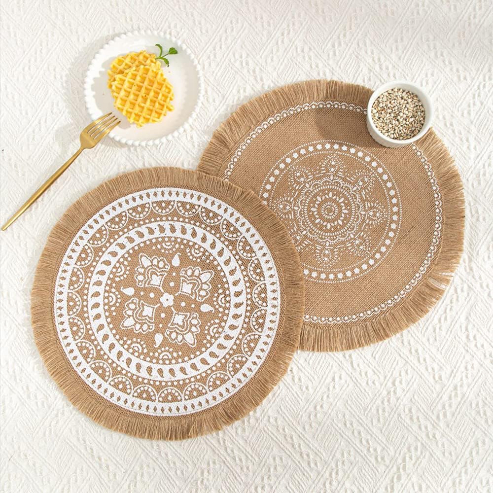 Rund Gewebte Platzset,Boho Tischsets,Jute Tischsets mit Mandala Quaste,Böhmen Farmhouse Retro Restau