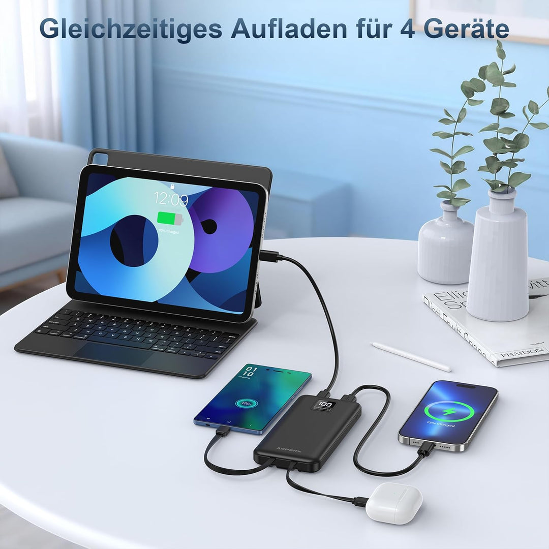 AsperX 2er Powerbank 10000mAh mit USB-C Kabel,4 Ausgängen Schnellladen,Power Bank Klein Aber Stark m