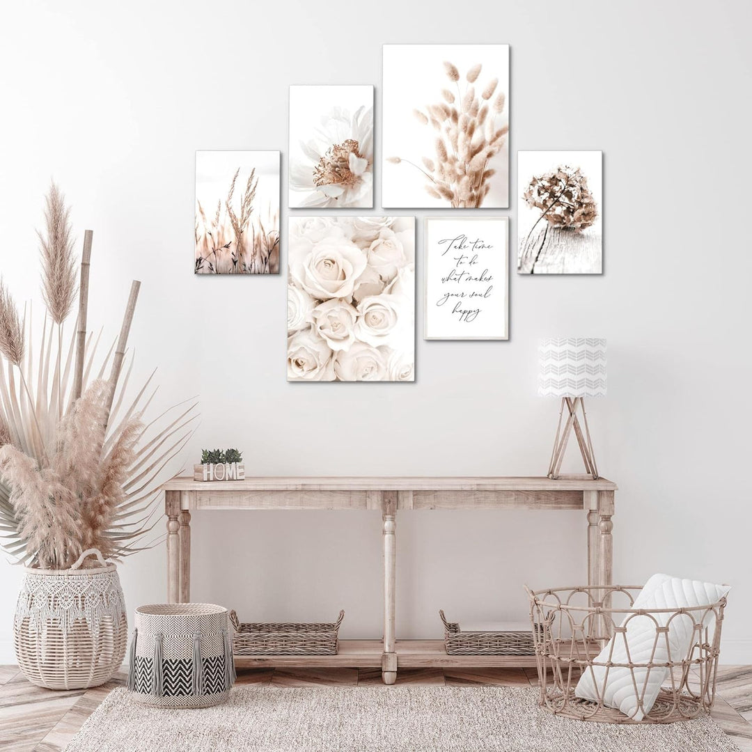 Novart Bilder Set - AUFHÄNGFERTIG - KEIN EXTRA RAHMEN BENÖTIGT - Boho Blumen Modern Beige - Wohnzimm