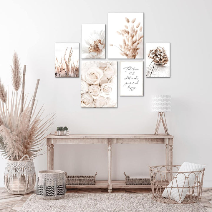 Novart Bilder Set - AUFHÄNGFERTIG - KEIN EXTRA RAHMEN BENÖTIGT - Boho Blumen Modern Beige - Wohnzimm