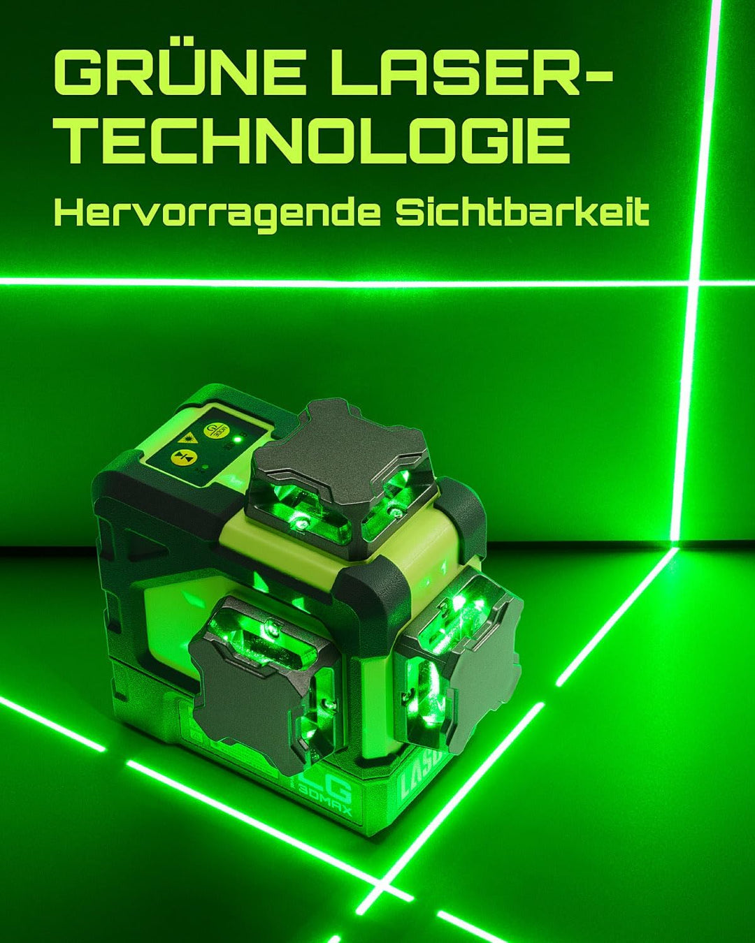 LasGoo LG-3DMAX 3x360° grüner Laser-Wasserwaage, 3D selbstnivellierend, 2 wiederaufladbare Batterien