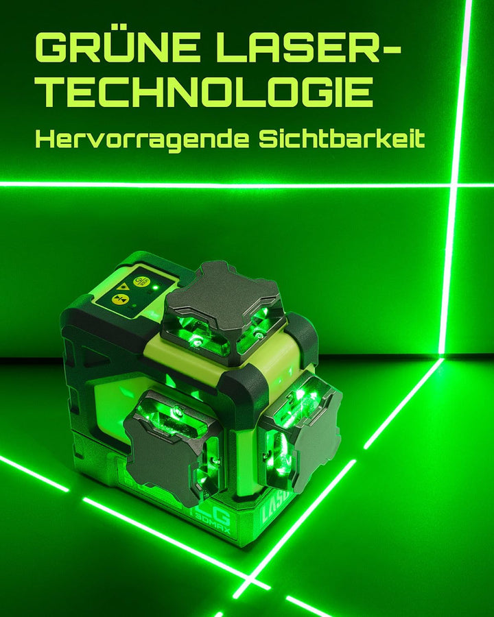 LasGoo LG-3DMAX 3x360° grüner Laser-Wasserwaage, 3D selbstnivellierend, 2 wiederaufladbare Batterien