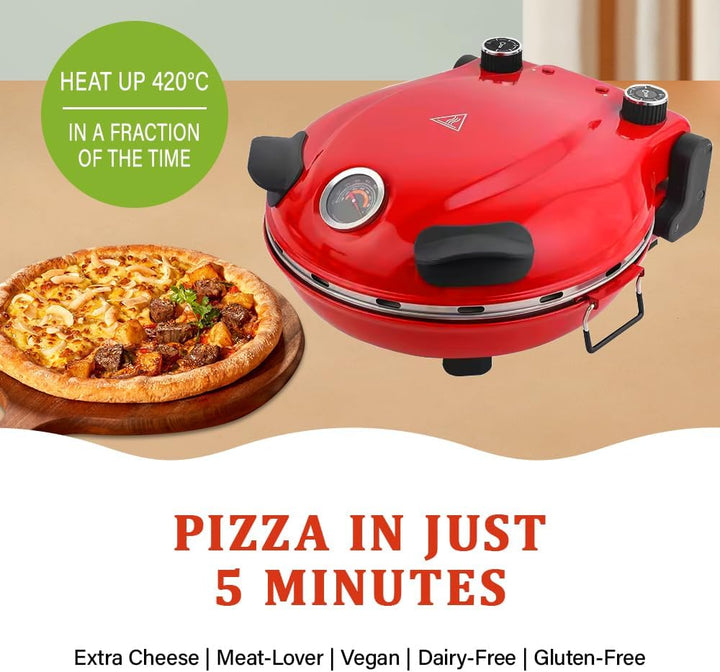 Pizzaofen Elektrisch,Pizzaofen für Zuhause mit 31cm Steinplatte, bis 420°C mit Pfanneneinsatz, 2x Pi