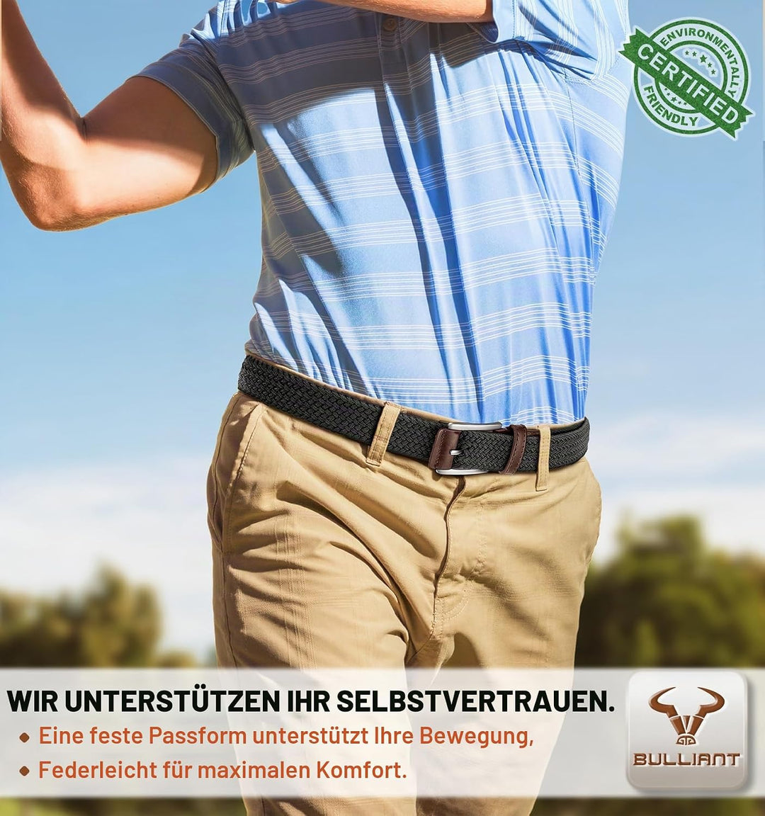 BULLIANT Elastischer Flechtgürtel 2er, Gürtel Herren Damen Stoffgürtel Geflochten Stretchgürtel Golf