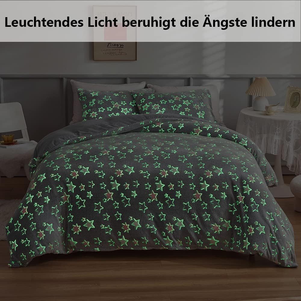 Freyamy Flanell Bettwäsche 135x200cm 2teilig Rosa Grau Sterne Leuchtend im Dunkeln Kinder Winterbett