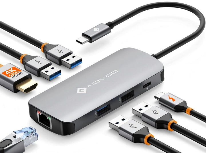 NOVOO Mulitport Adapter USB C auf Ethernet, 7 in 1 Hub USB C auf HDMI 4K, 100 W PD Ladeanschluss, US