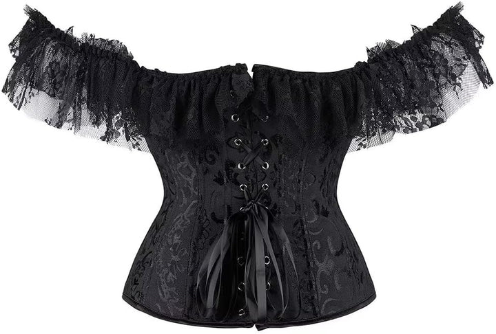 Josamogre Schwarz Korsett Damen Corset Top Sexy Corsage Korsage Vollbrust Spitze Lace Ärmel Weg Von